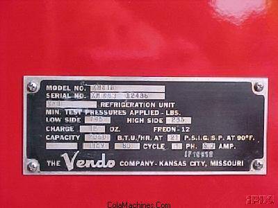 Original Vendo identification plate showing the model and serial-number fields